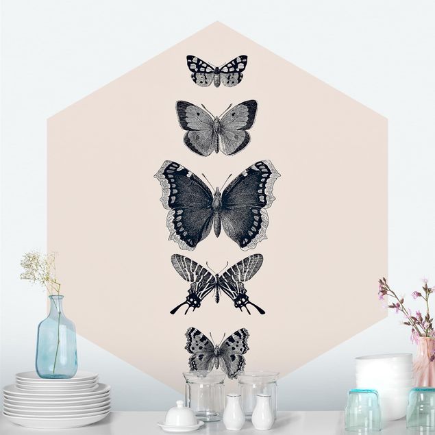 Papel pintado mariposas Ink Butterflies On Beige Backdrop