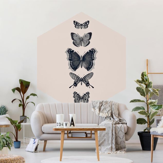 Papel pintado moderno Ink Butterflies On Beige Backdrop