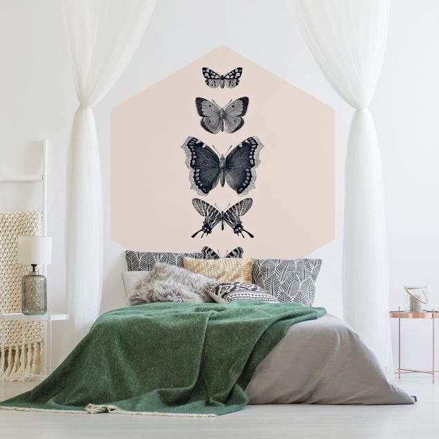Papel pintado hexagonal Ink Butterflies On Beige Backdrop