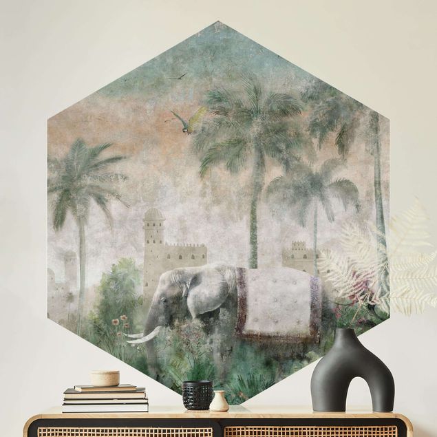 Papel pintado vintage Vintage Jungle Scene with Elephant