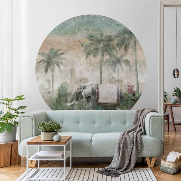 Papel pintado moderno Vintage Jungle Scene with Elephant