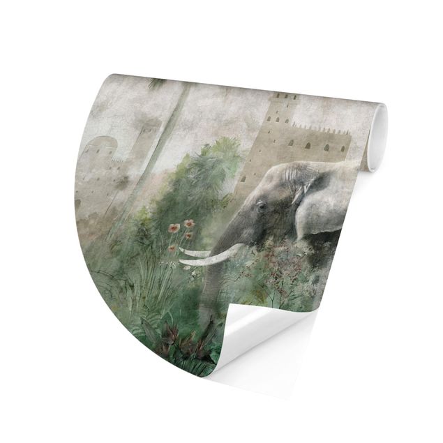Papel pintado verde Vintage Jungle Scene with Elephant