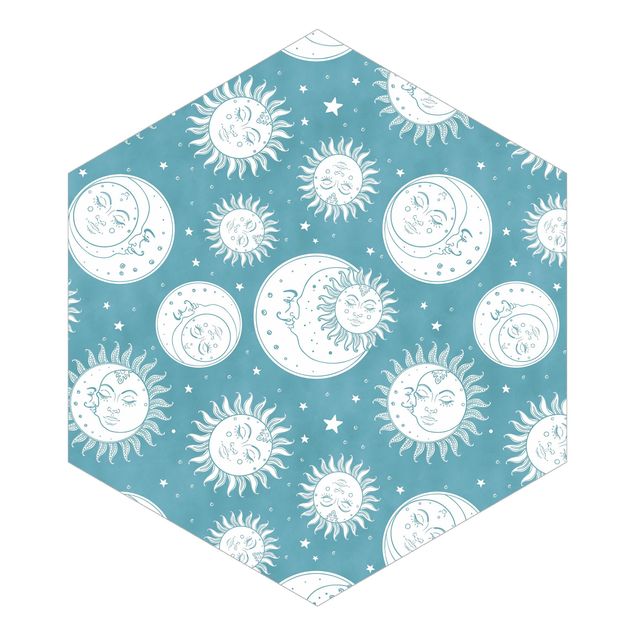 Papel pared verde Vintage Sun, Moon And Stars