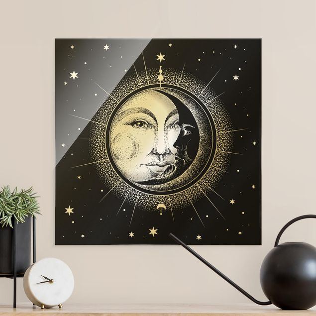 Cuadros de cristal blanco y negro Vintage Sun And Moon Illustration