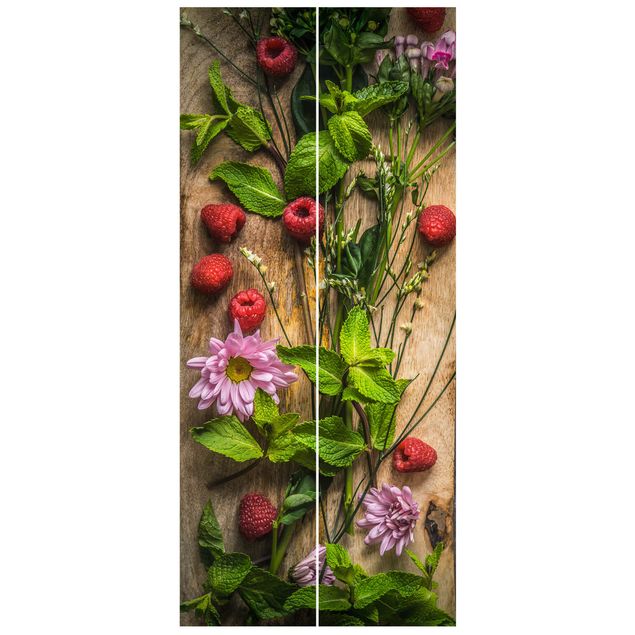 Papel pintado para puertas efecto madera Flowers Raspberries Mint