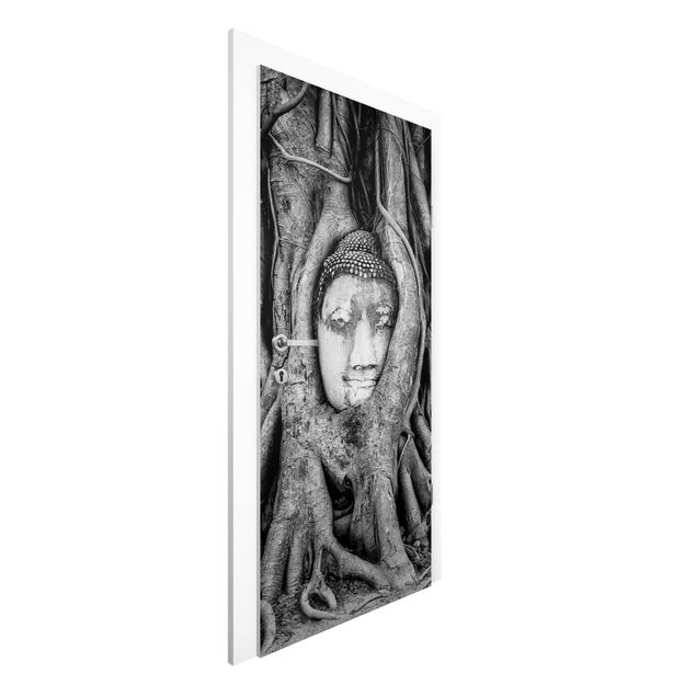 Decoración cocina Buddha In Ayutthaya Lined From Tree Roots In Black And White