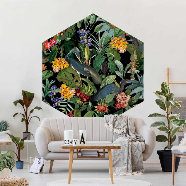 Papel pared flores Birds With Tropical Flowers