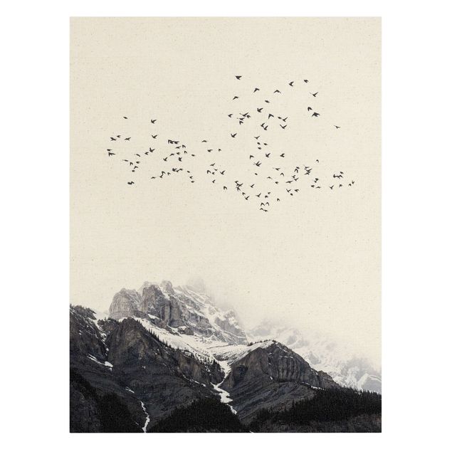 Cuadros de paisajes naturales  Flock Of Birds In Front Of Mountains Black And White