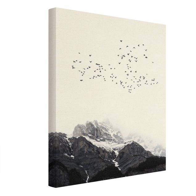 Lienzos en blanco y negro Flock Of Birds In Front Of Mountains Black And White