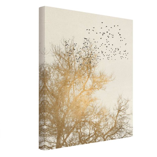Lienzos de paisajes Flock Of Birds In Front Of Golden Tree