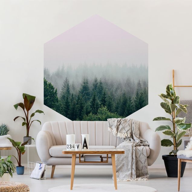 Papel pintado hexagonal Foggy Forest Twilight