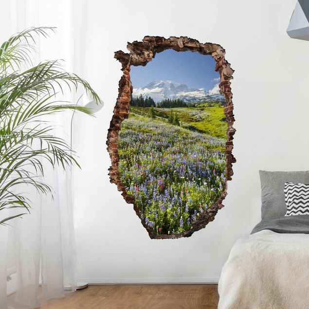 Vinil para pared 3d Mountain Meadow With Flowers In Front Of Mt. Rainier