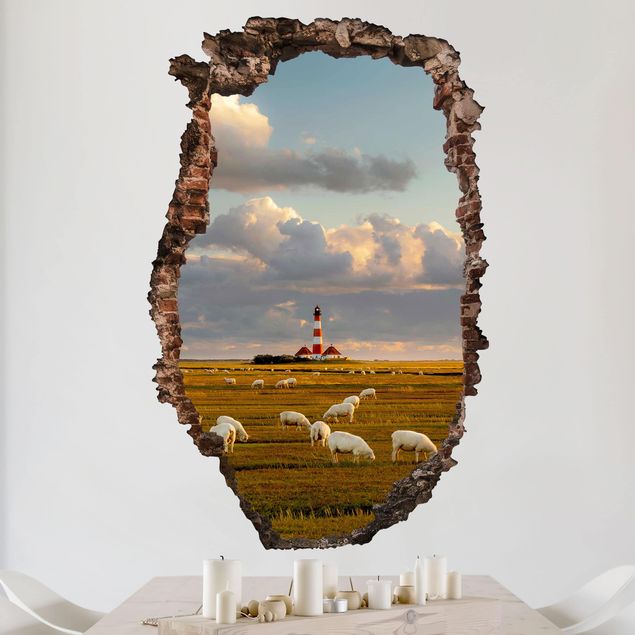 Vinilos de pared islas North Sea Lighthouse With Flock Of Sheep