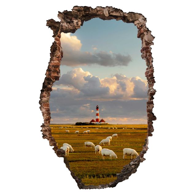 Vinil para pared 3d North Sea Lighthouse With Flock Of Sheep