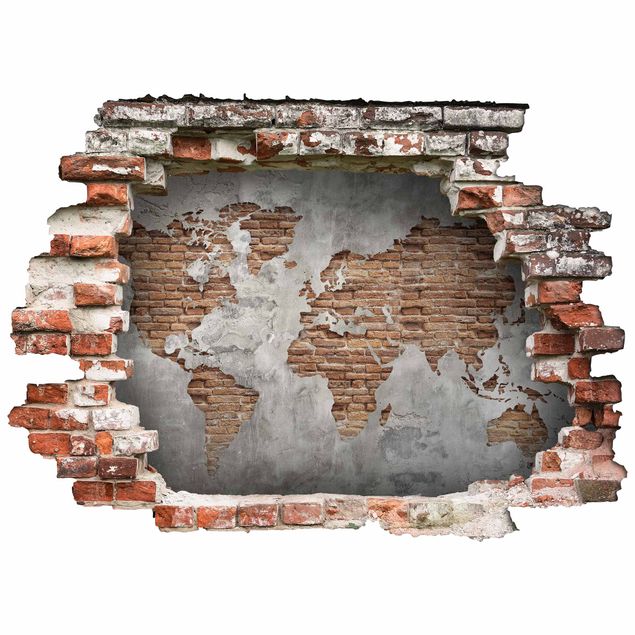 Vinilo pared mapamundi Shabby Concrete Brick World Map