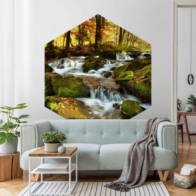 Papel pintado salón moderno Waterfall Forest In The Fall