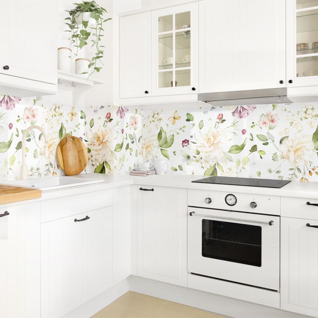revestimiento pared cocina Wildflowers and White Roses Watercolour Pattern