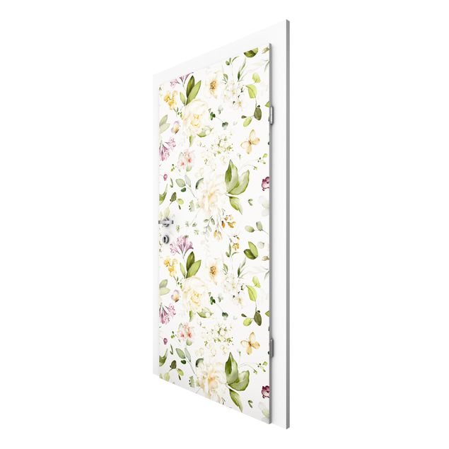 Papel pintado para puertas flores Wildflowers and White Roses Watercolour Pattern