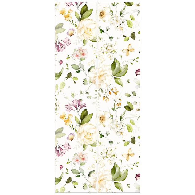 Papel pintado flores Wildflowers and White Roses Watercolour Pattern