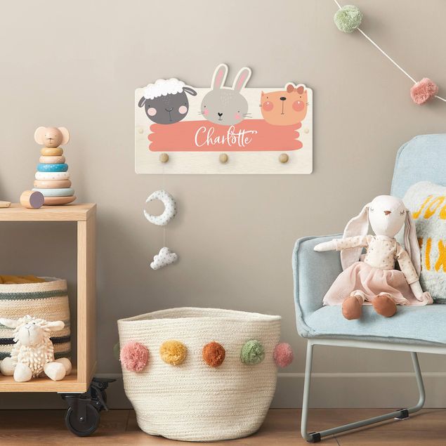 Percheros de pared con frases Customised Name Cute Zoo - Sheep Rabbit And Cat