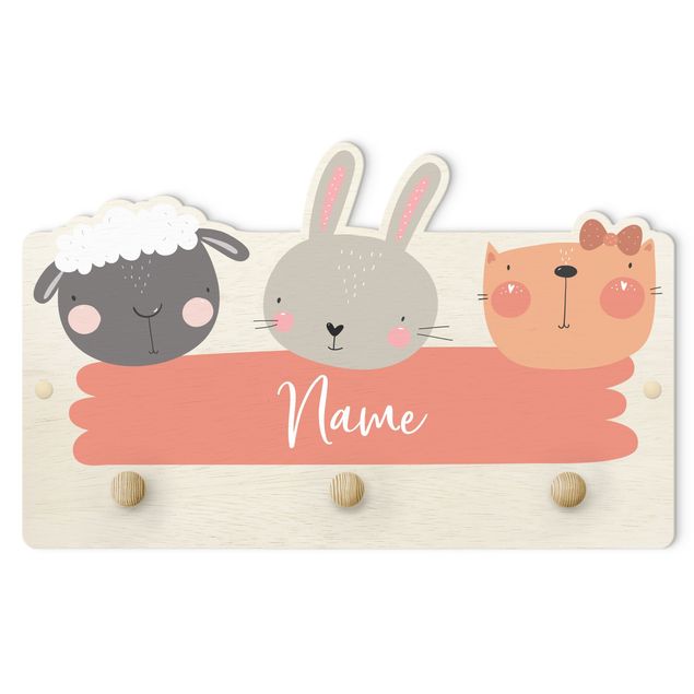 Perchero rosado Customised Name Cute Zoo - Sheep Rabbit And Cat