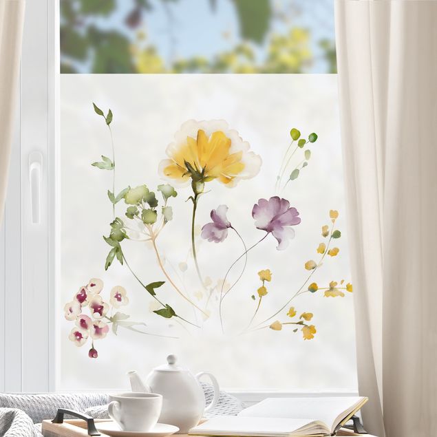 Vinilos de flores para ventanas Delicate watercolour flowers violet-yellow