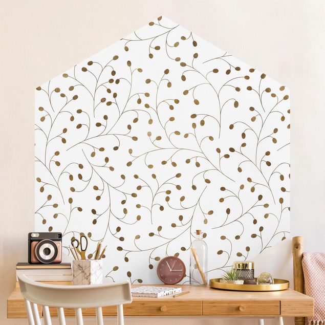 Papel pintado lunares Delicate Branch Pattern With Dots In Gold