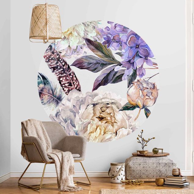 Papel pintado rosas Delicate Watercolour Boho Flowers And Feathers Pattern