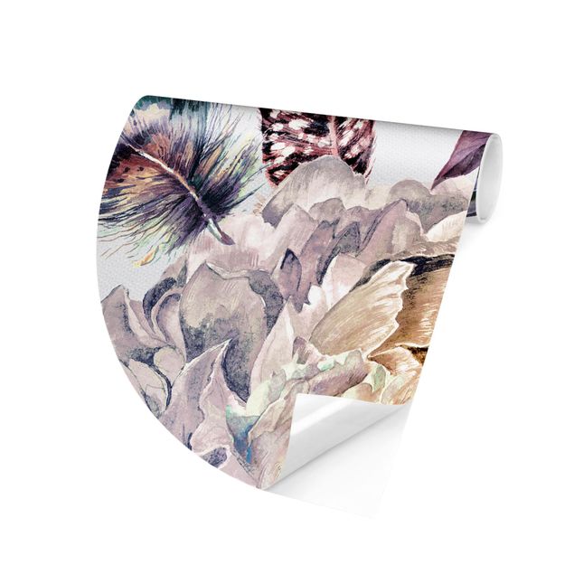 Papel pintado floral Delicate Watercolour Boho Flowers And Feathers Pattern