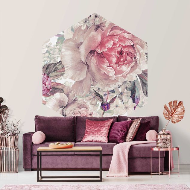 Papel pared flores Delicate Watercolour Peony Pattern