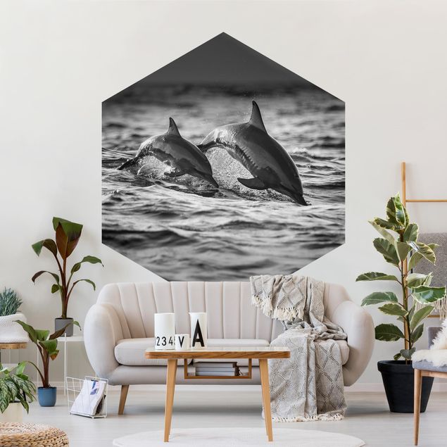 Papel pintado en blanco y negro Two Jumping Dolphins